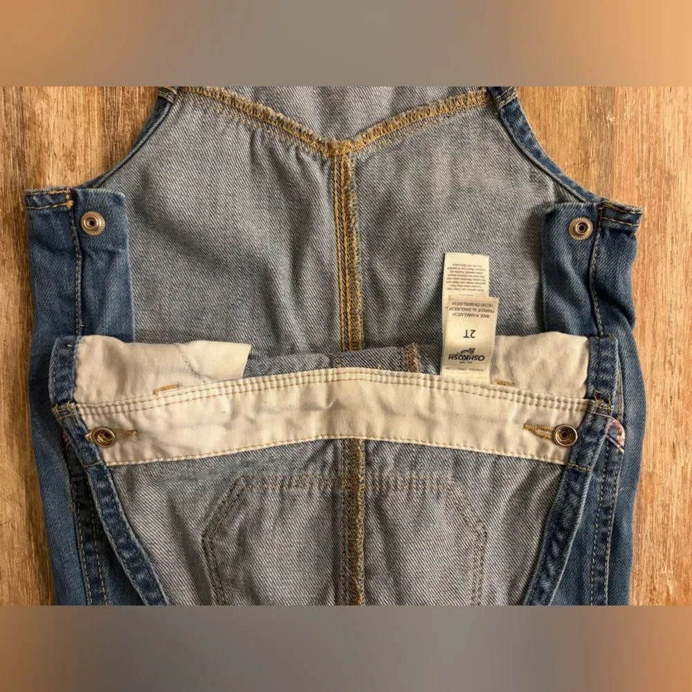 OshKosh B'gosh Blue Denim Overalls with Floral Trim, Size 2T
